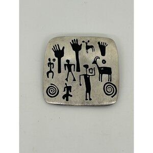 Alice Seely 2000 Tribal Silvertone Brooch With Engraved Petroglyph Design 1.75 I
